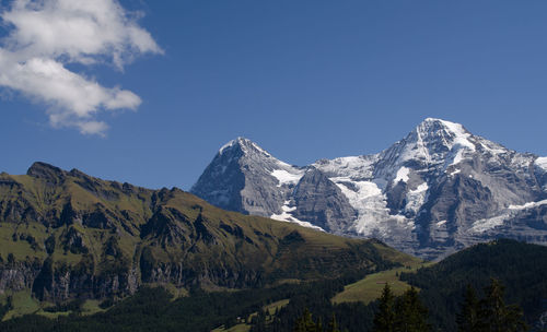 Scenic view of snowcapped mountains against clear blue sky