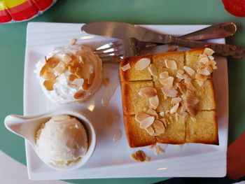 High angle view of breakfast served on table