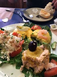 Close-up of food served on table