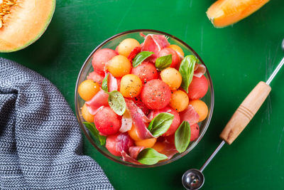 High angle view of fruits in bowl on table