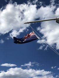 Low angle view of flag hanging against sky