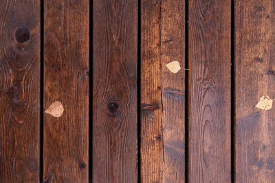 Autumn leaf on a rainy day on a wet wooden background, top view