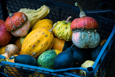 High angle view of pumpkins in basket for sale