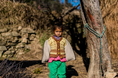 Portrait of boy standing on tree trunk