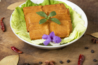 High angle view of dessert in plate on table