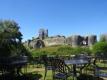 Chairs and tables against clear blue sky