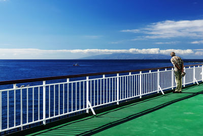 Rear view full length of man standing in boat on sea against sky