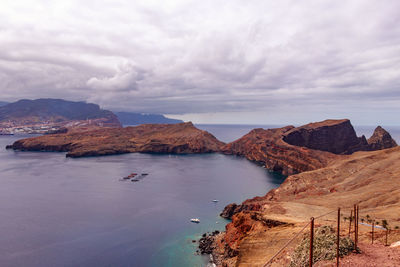 Scenic view of sea and mountains against sky