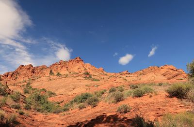 Low angle landscape of red rock formations in red cliffs recreation area in utah