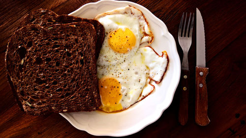 Directly above shot of breakfast served on table