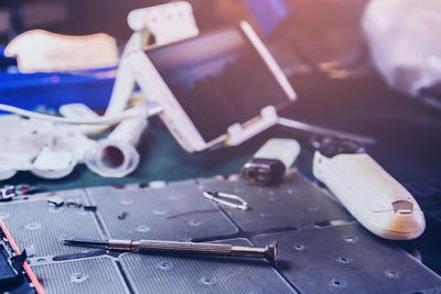 High angle view of tool over table