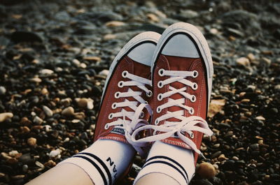 Low section of woman wearing canvas shoes while sitting on shore