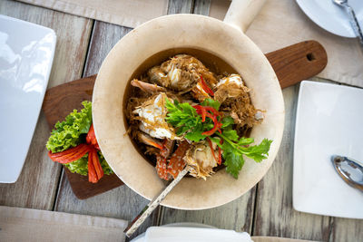 High angle view of food in bowl on table