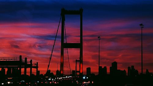 Silhouette of bridge and buildings against sky during sunset