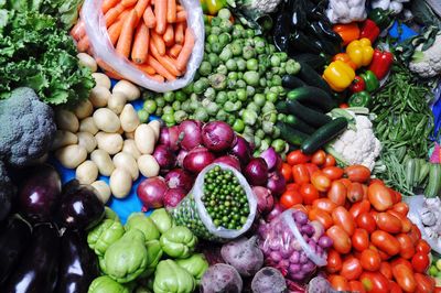 High angle view of vegetables for sale in market