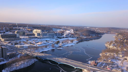 High angle view of cityscape during winter