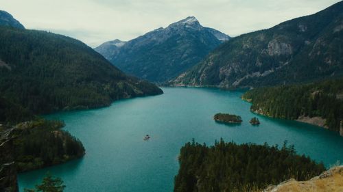 Scenic view of lake and mountains against sky