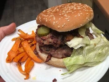 Close-up of burger in plate