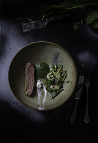 High angle view of food in plate on table