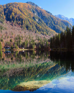 Scenic view of lake in forest against sky