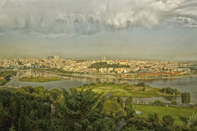 Scenic view of river and buildings against sky