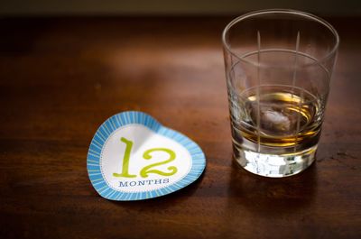 Label with number 12 by whiskey on table