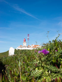 Lighthouse amidst plants and buildings against sky