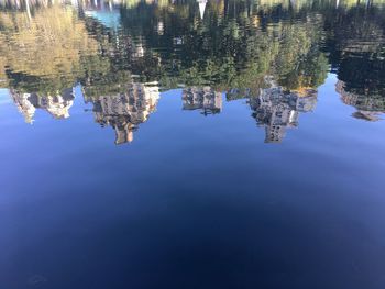 Reflection of trees in lake against blue sky