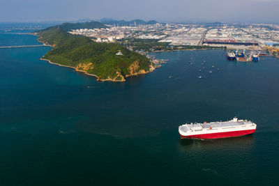 High angle view of ship in sea