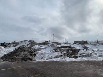 Scenic view of snow covered land against sky