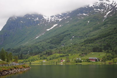 Scenic view of lake and mountains against sky