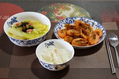 High angle view of meal served on table