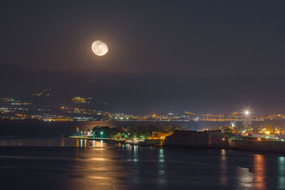 Illuminated city by river against sky at night