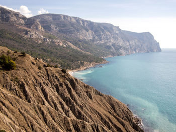 Scenic view of sea and mountains against sky