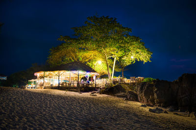 Illuminated restaurant at sand tropical beach under big tree on blue night sky background