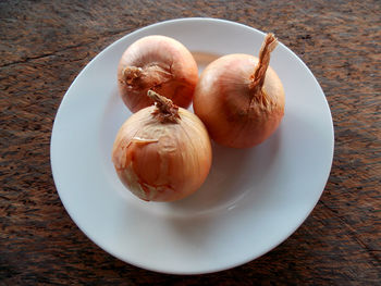High angle view of eggs in plate on table