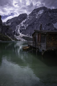 House in water at lake braies in the dolomites, near cortina d'ampezzo