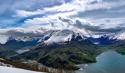 Scenic view of snowcapped mountains against sky