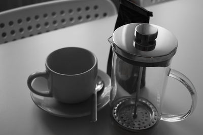 High angle view of coffee cup on table