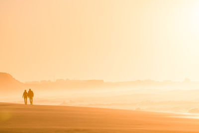 Silhouette people walking on landscape against sky