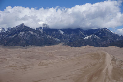 Scenic view of mountains against cloudy sky