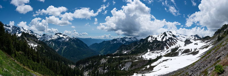 Panoramic view of snowcapped mountains against sky