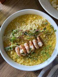 High angle view of food in bowl on table