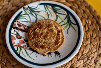 High angle view of breakfast served on table