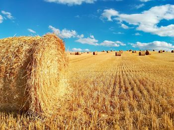 Hay bales on field against sky