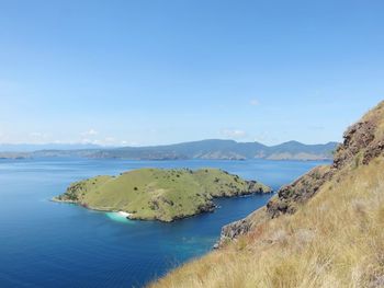 Scenic view of sea against clear blue sky