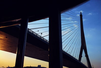 Low angle view of suspension bridge against sky