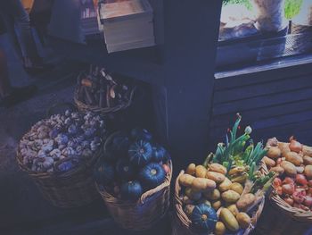 Various fruits in basket for sale at market