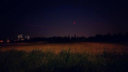 Scenic view of field against clear sky at night