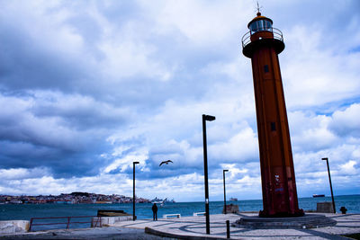 Lighthouse by sea against sky